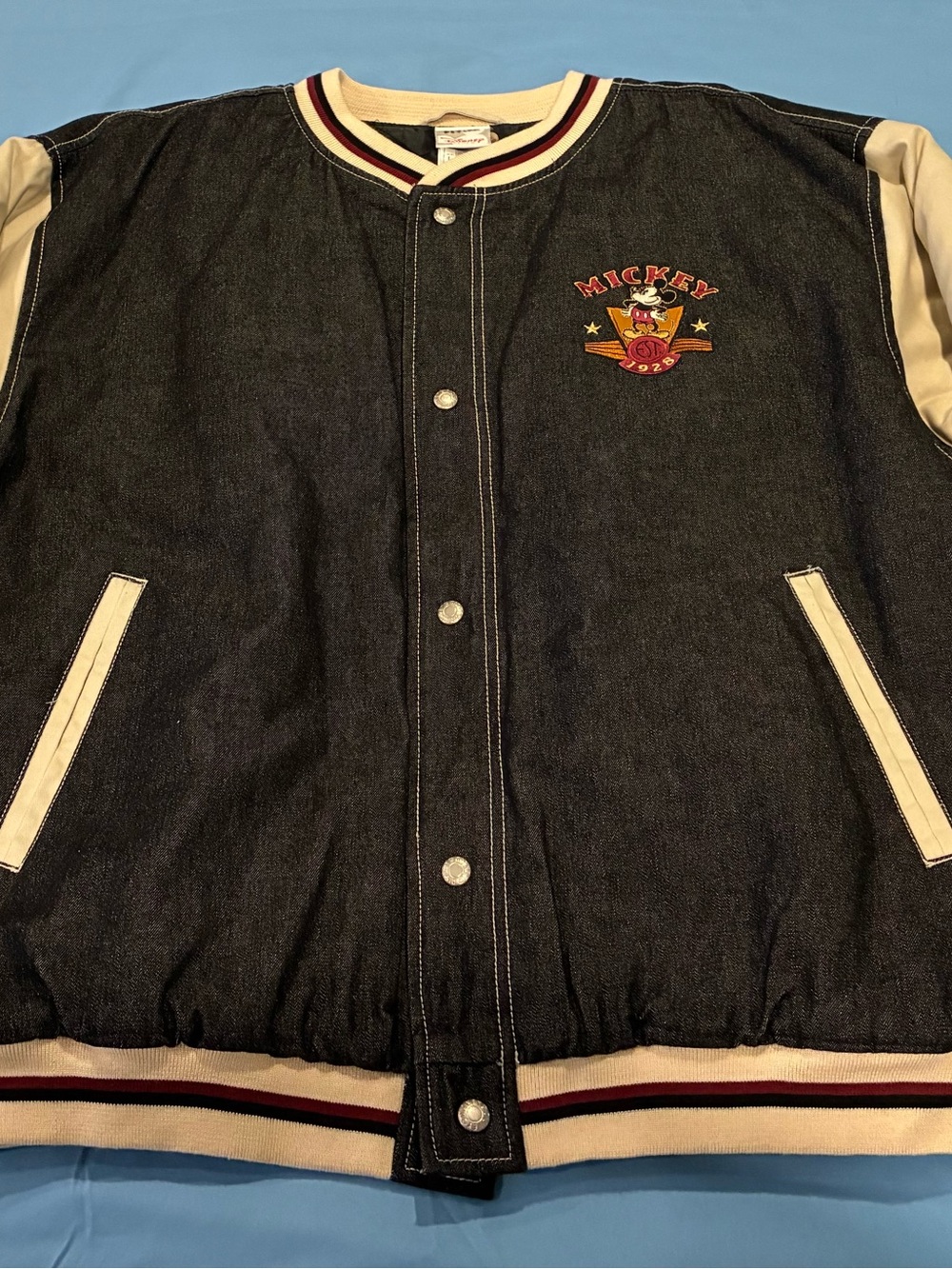 Disney Dark Denim Bomber Jacket with Cream Sleeves and Red Trim